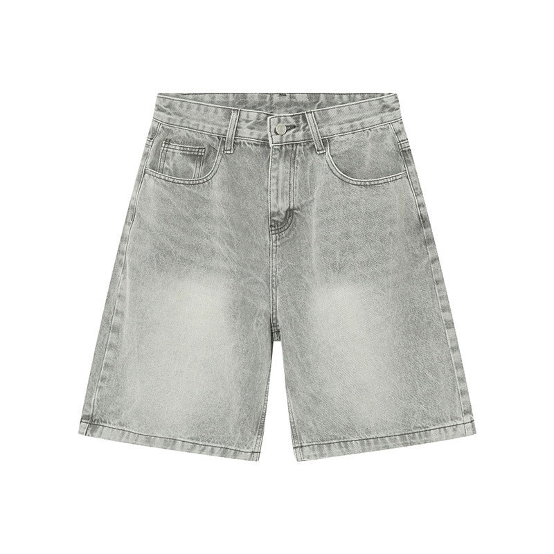 Distressed blue denim shorts