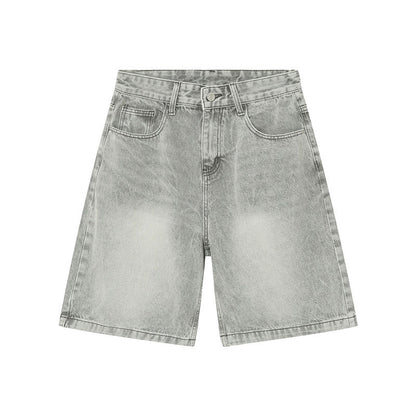 Distressed blue denim shorts