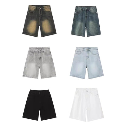 Distressed blue denim shorts