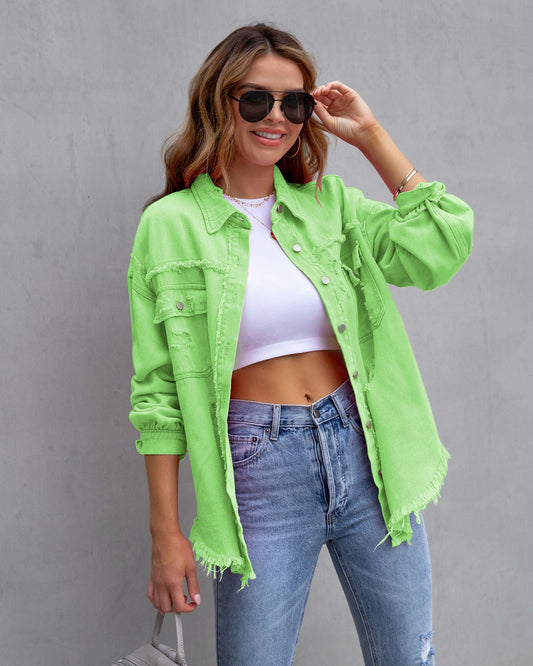 Distressed Denim Jacket with Turn-Down Collar