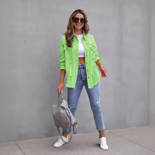 Distressed Denim Jacket with Turn-Down Collar