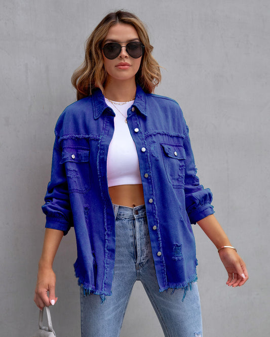 Distressed Denim Jacket with Turn-Down Collar