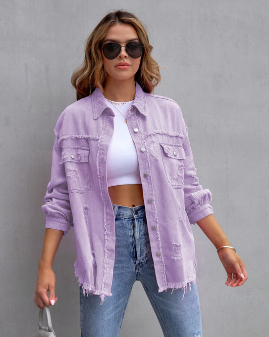 Distressed Denim Jacket with Turn-Down Collar
