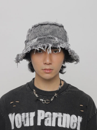 Distressed Denim Wide Brim Bucket Hat