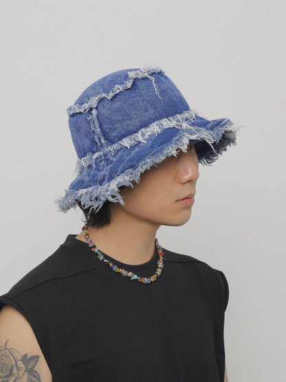 Distressed Denim Wide Brim Bucket Hat