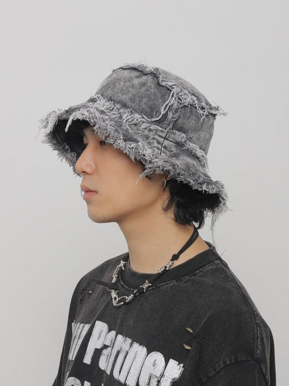 Distressed Denim Wide Brim Bucket Hat