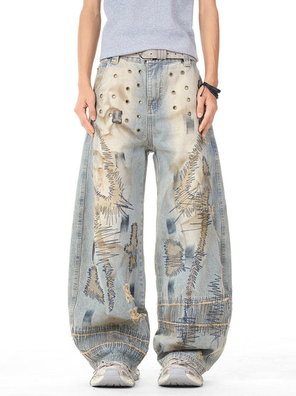 Distressed Embroidery Denim Pants