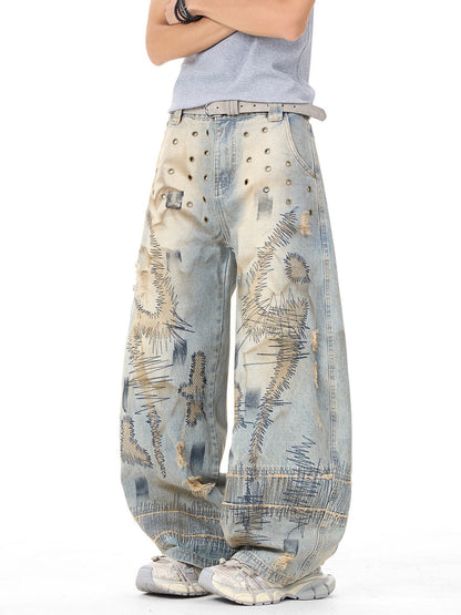 Distressed Embroidery Denim Pants