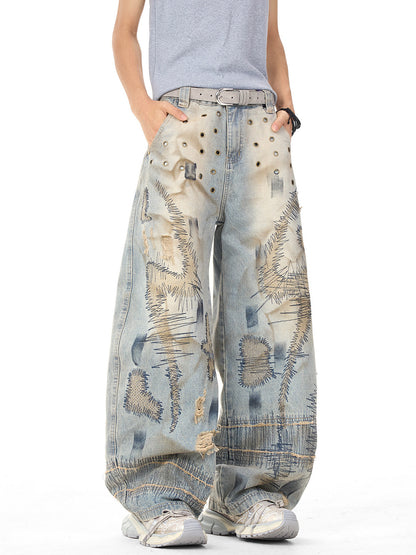 Distressed Embroidery Denim Pants