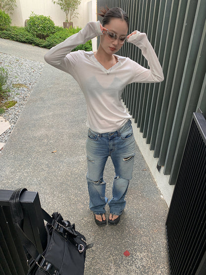 Distressed Flared Denim Pants