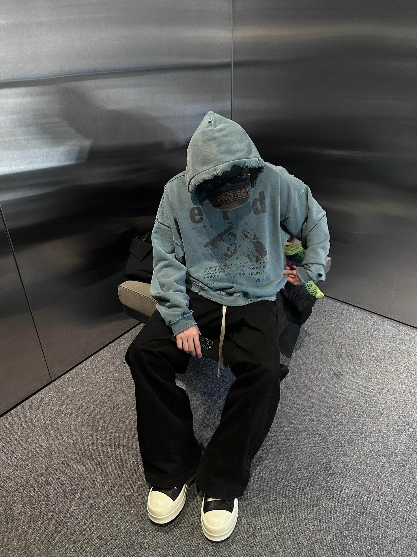 Distressed Washed Cotton Hoodie with Graffiti Print