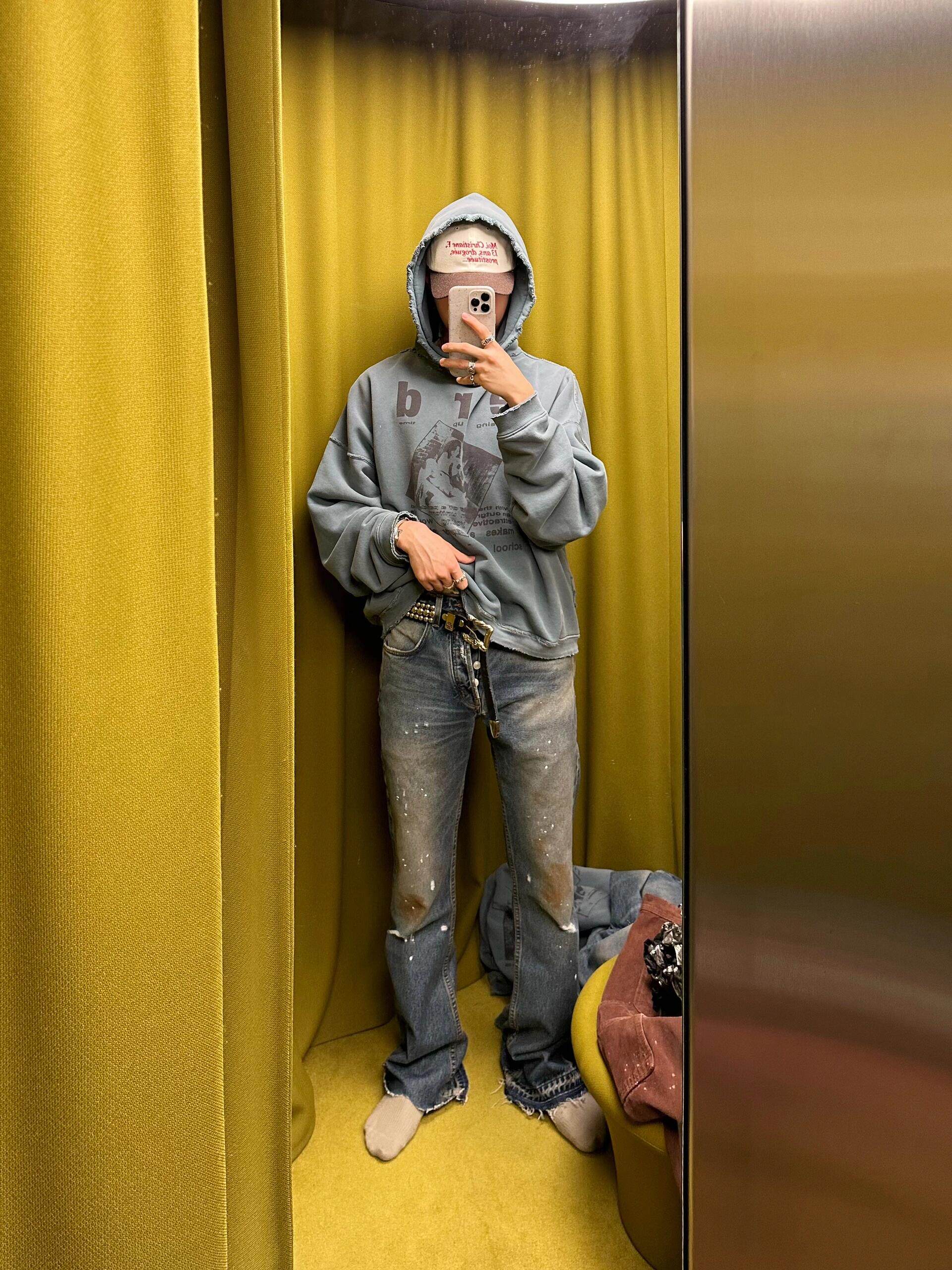 Distressed Washed Cotton Hoodie with Graffiti Print