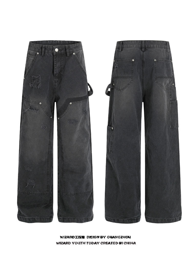 Distressed washed jeans