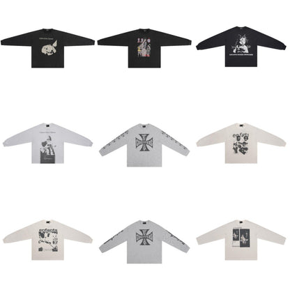 Distressed Washed Print Cotton Long Sleeve T-shirt
