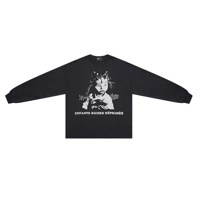 Distressed Washed Print Cotton Long Sleeve T-shirt