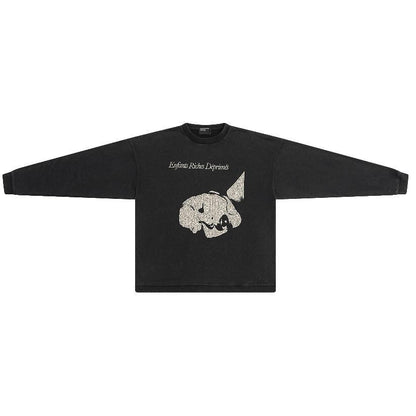 Distressed Washed Print Cotton Long Sleeve T-shirt