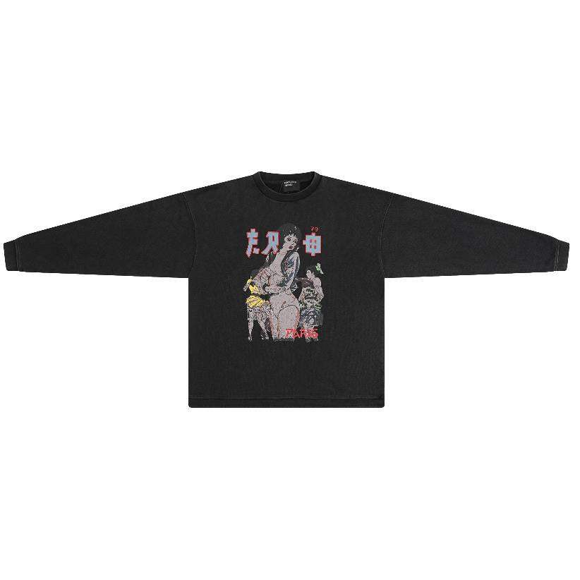 Distressed Washed Print Cotton Long Sleeve T-shirt