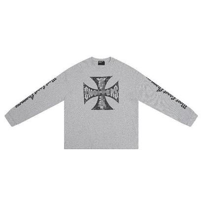 Distressed Washed Print Cotton Long Sleeve T-shirt