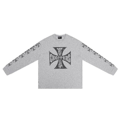 Distressed Washed Print Cotton Long Sleeve T-shirt