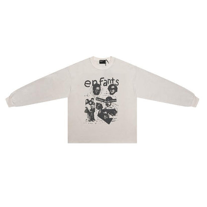 Distressed Washed Print Cotton Long Sleeve T-shirt