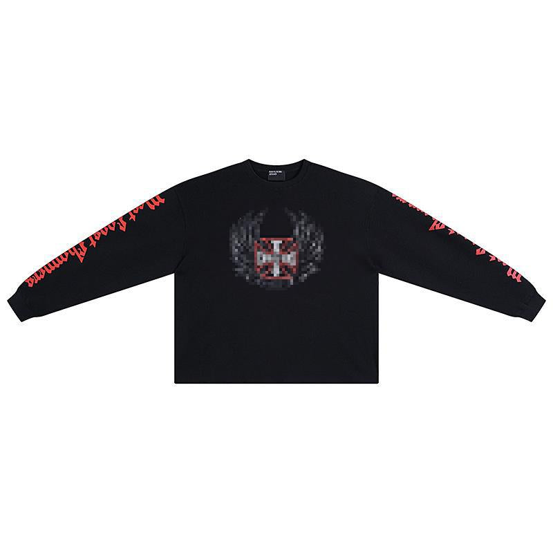 Distressed Washed Print Cotton Long Sleeve T-shirt