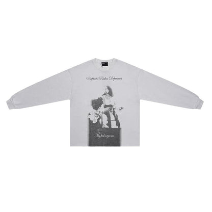 Distressed Washed Print Cotton Long Sleeve T-shirt