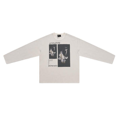 Distressed Washed Print Cotton Long Sleeve T-shirt