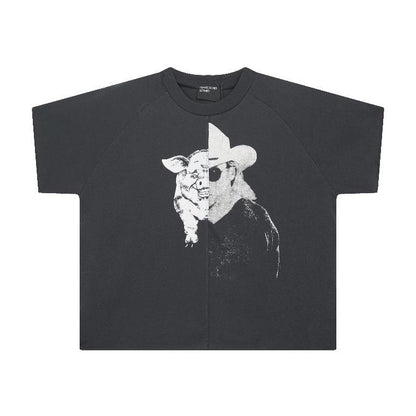 Distressed Washed Print Cotton Long Sleeve T-shirt