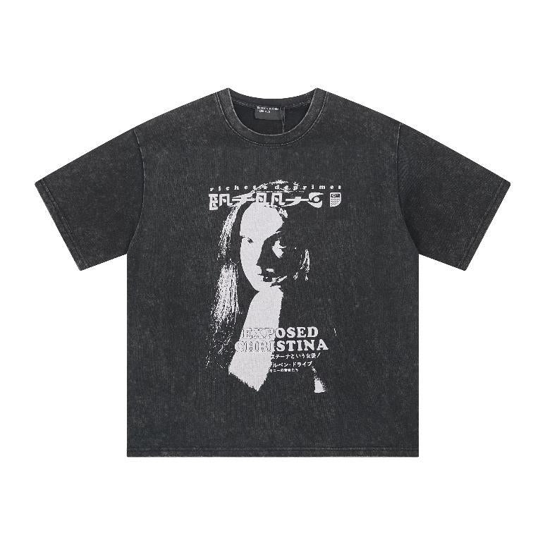 Distressed Washed Print Cotton Long Sleeve T-shirt