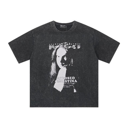 Distressed Washed Print Cotton Long Sleeve T-shirt