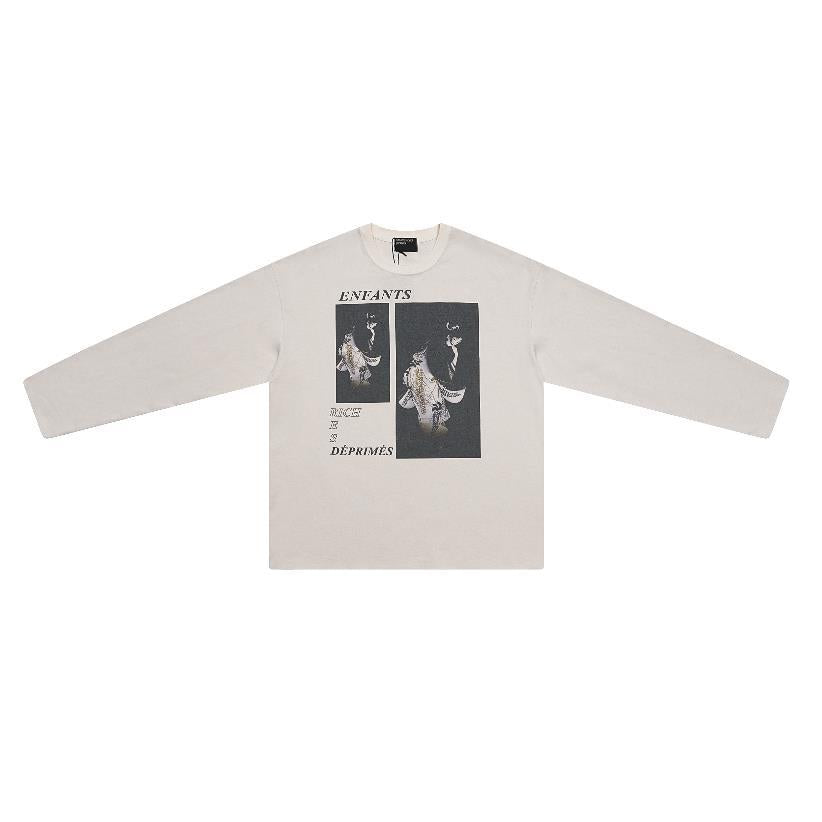Distressed Washed Print Cotton Long Sleeve T-shirt