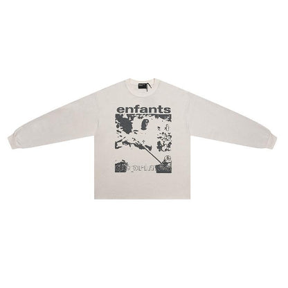 Distressed Washed Print Cotton Long Sleeve T-shirt