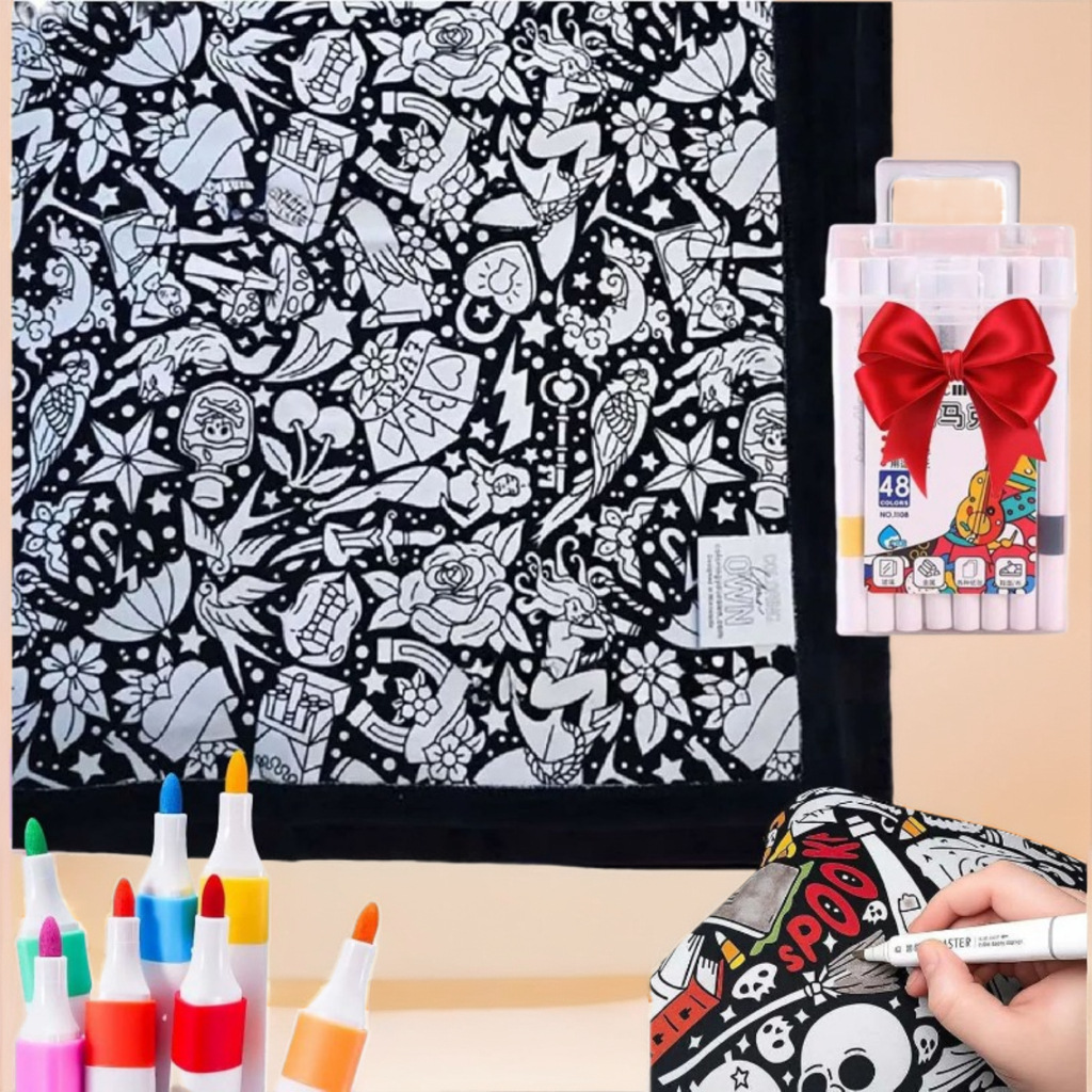 DIY Coloring Blanket with Markers Velvet Large Drawing Mat