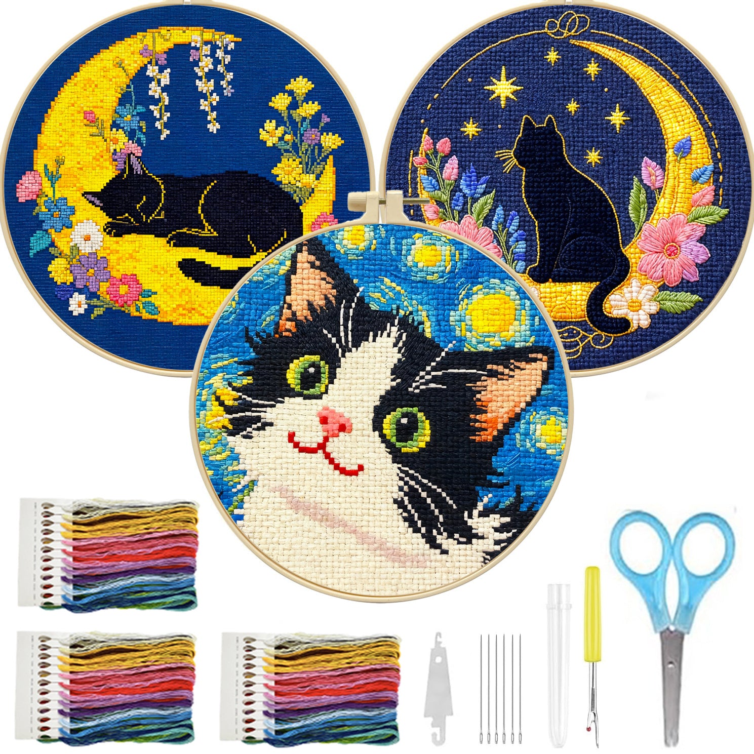 DIY Cross Stitch Kit with Cartoon Kitten Design