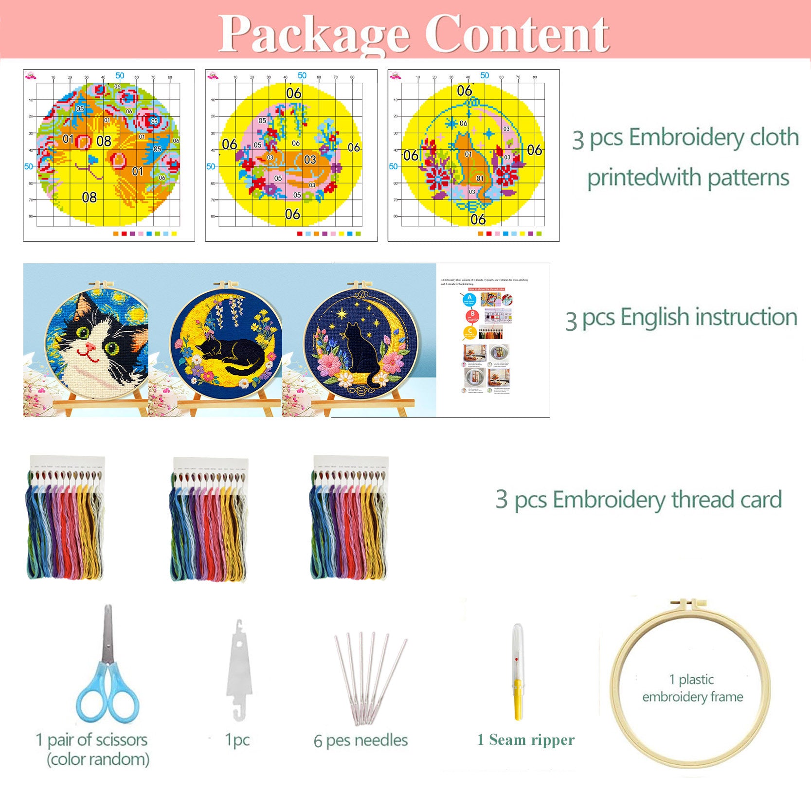 DIY Cross Stitch Kit with Cartoon Kitten Design