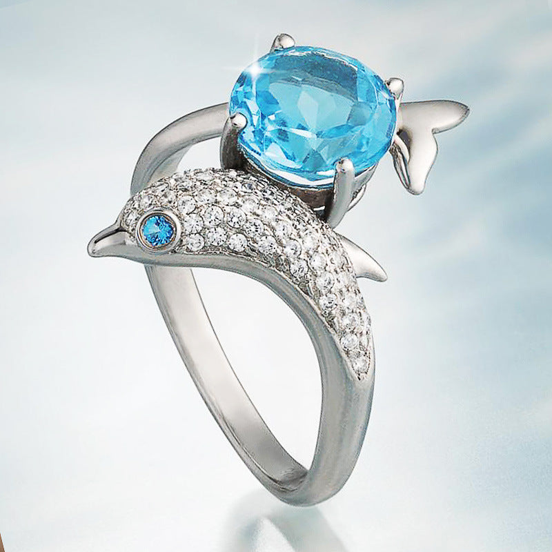 Dolphin Shaped Sapphire Blue Zircon Women's Ring