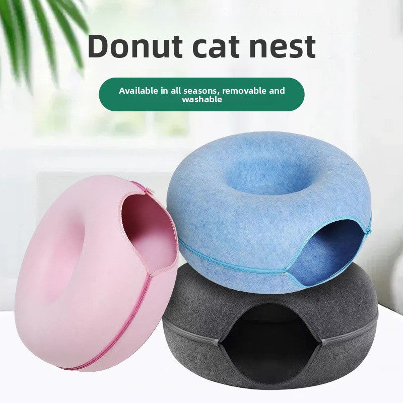 Donut Felt Pet Nest with Zipper Tunnel