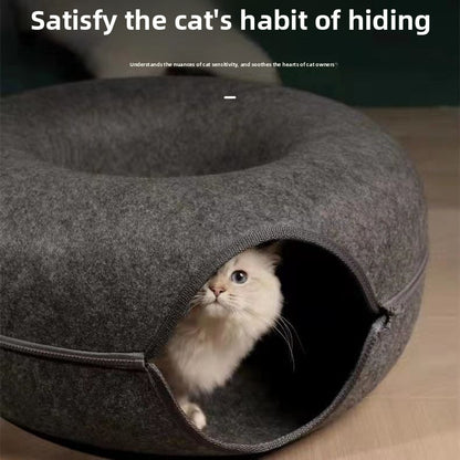 Donut Felt Pet Nest with Zipper Tunnel