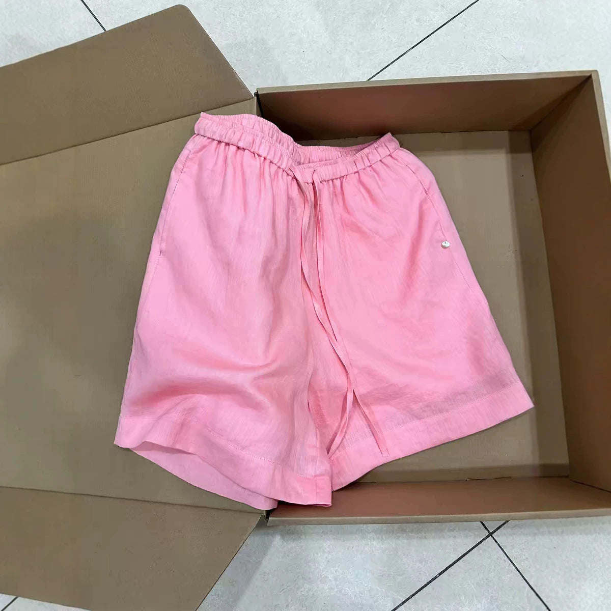 Dopamine light pink linen high-waisted wide-leg shorts for women