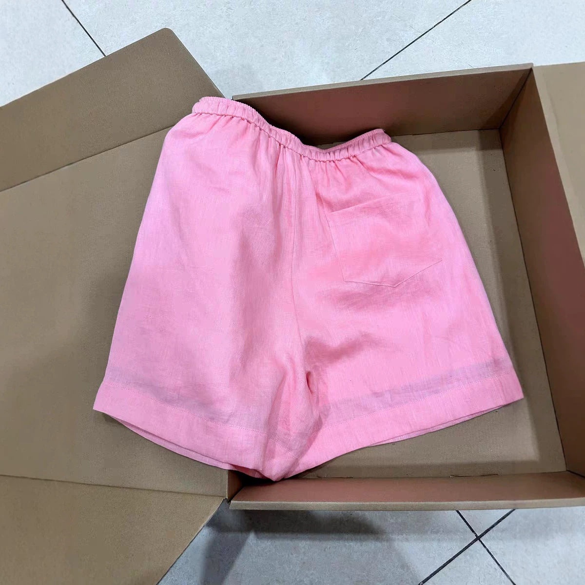 Dopamine light pink linen high-waisted wide-leg shorts for women