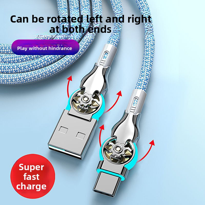 Double Elbow Swivel Braided Fast Charging Data Cable with Light