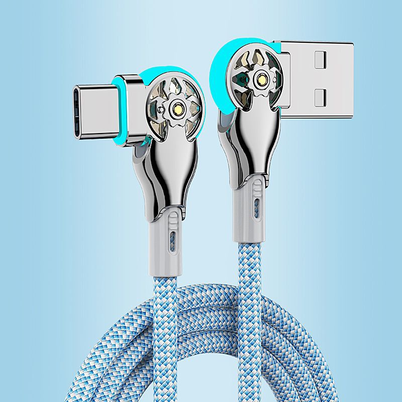 Double Elbow Swivel Braided Fast Charging Data Cable with Light