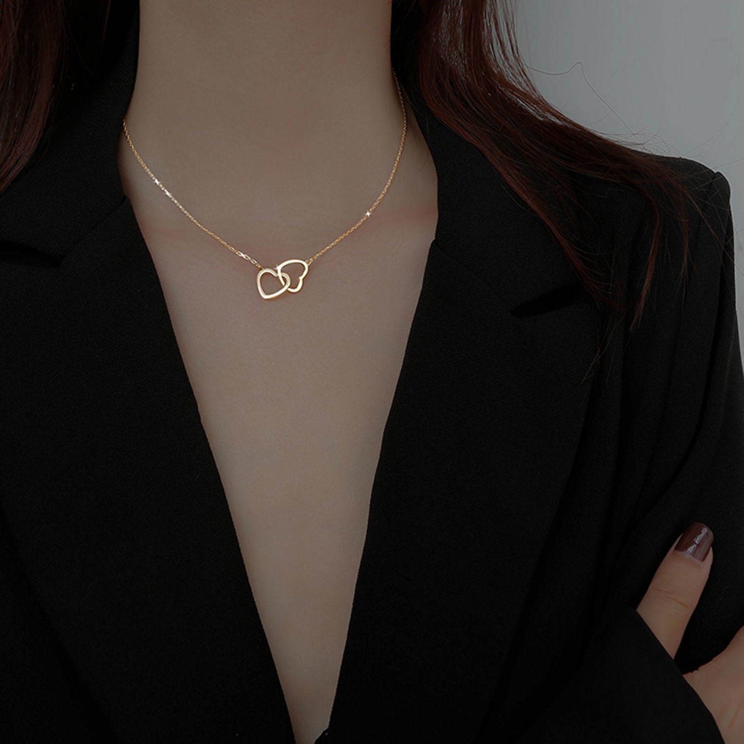 Double Heart Necklace Gold Plated Alloy Chain