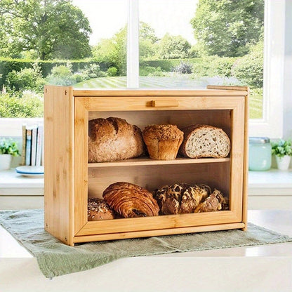 Double Layer Bamboo Bread Box with Glass Lid