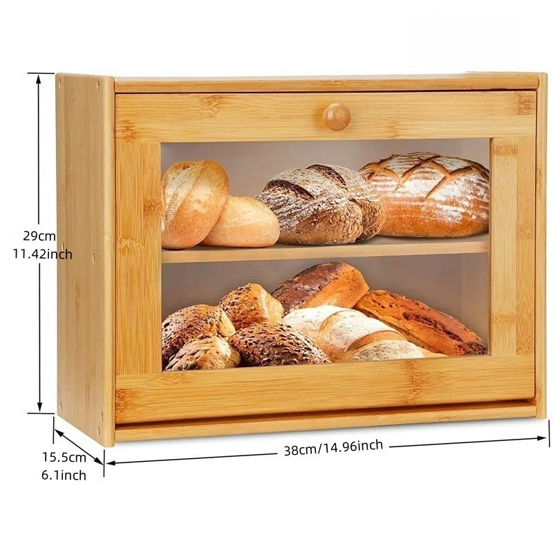 Double Layer Bamboo Bread Box with Glass Lid