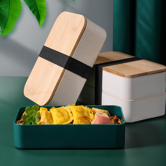 Double-Layer Bamboo Lid Microwave Lunch Box with Compartments