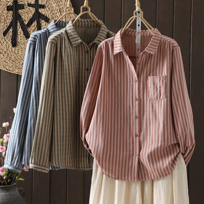 Double Layer Cotton Gauze Striped Shirt Women Loose Long Sleeve Top