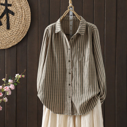 Double Layer Cotton Gauze Striped Shirt Women Loose Long Sleeve Top