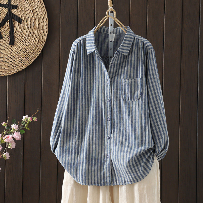 Double Layer Cotton Gauze Striped Shirt Women Loose Long Sleeve Top