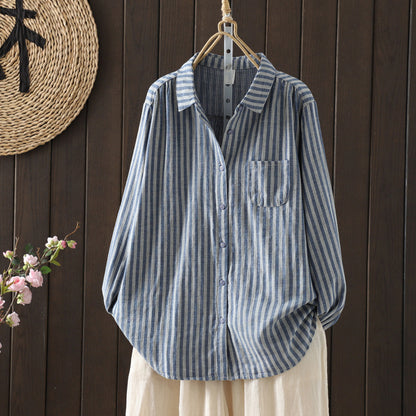 Double Layer Cotton Gauze Striped Shirt Women Loose Long Sleeve Top
